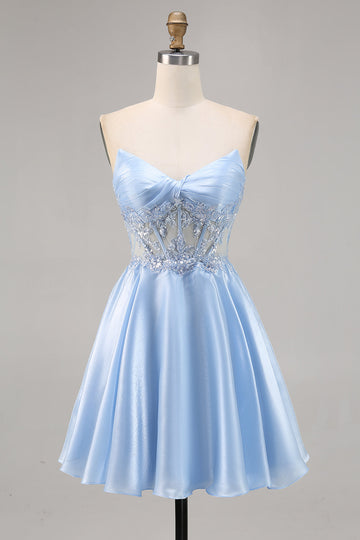 Light Blue Strapless A Line Short Cocktail Dress with Sequins